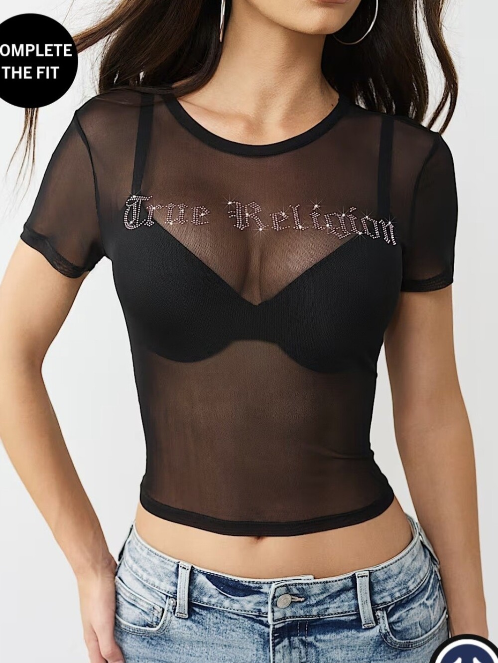True Religion Black Sheer Rhinestone Logo Mesh Top Size S NWT